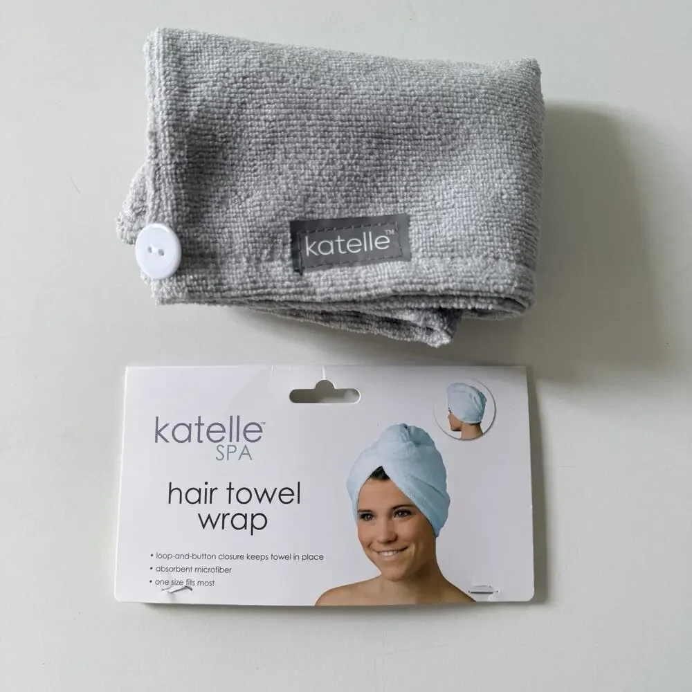 NIB Katelle Spa Hair Towel Wrap‎ Gray Microfiber Button Closure 23” x 9”